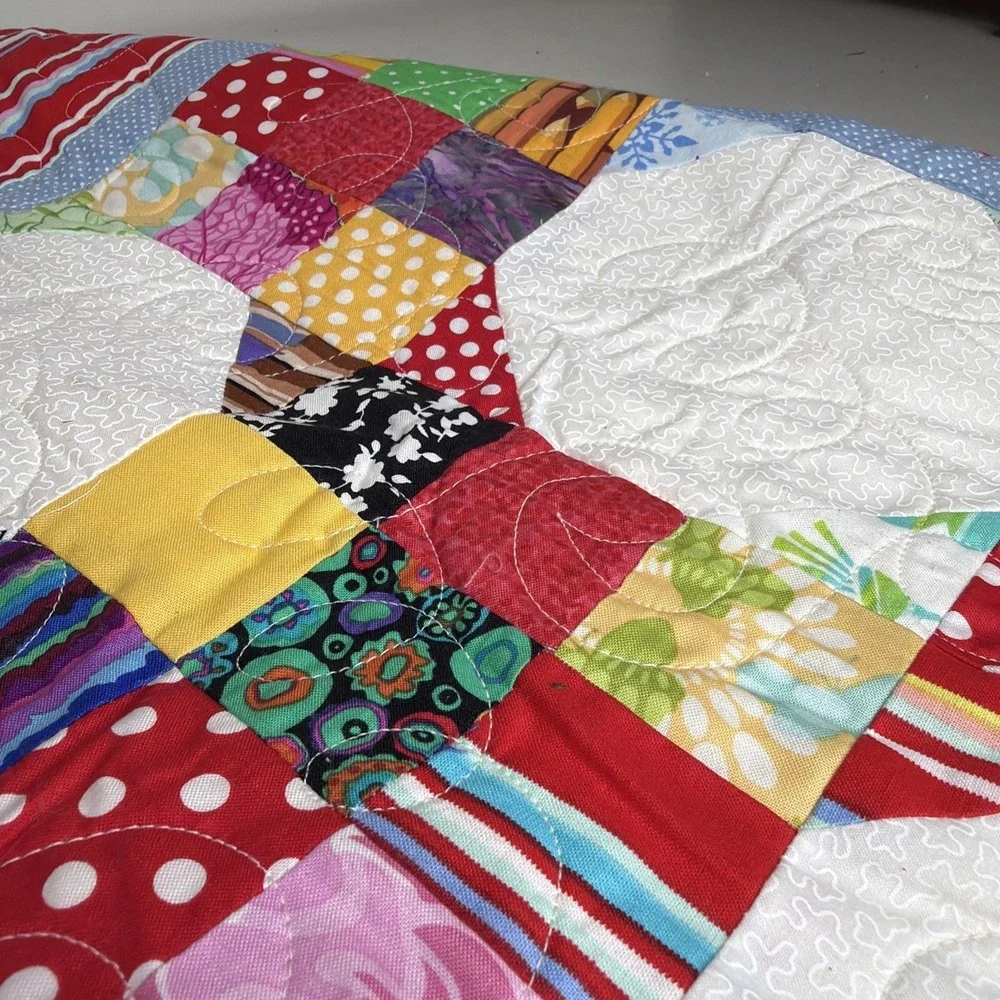 Huge Vintage Patchwork Quilt Retro Floral Geometric Mod Multi-Color 57" X 44" - Picture 4 of 7